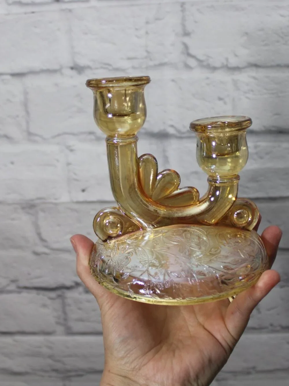 Vintage 1950's Floragold Double Candlesticks Set of 2 Jeannette Glass